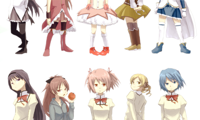 5girls, akemi_homura, apple, black_hair, black_legwear, blonde_hair, blue_eyes, blue_hair