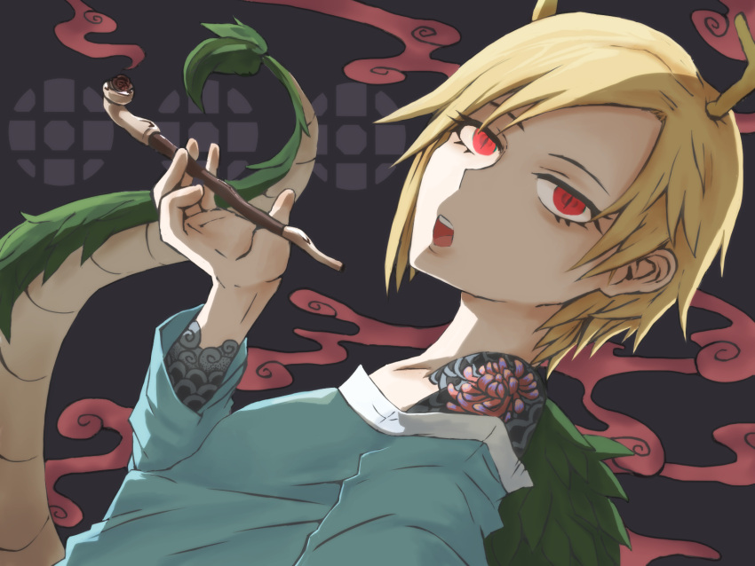 1girl, antlers, arm_tattoo, blonde_hair, blue_shirt, dragon_girl, dragon_horns, dragon_tail