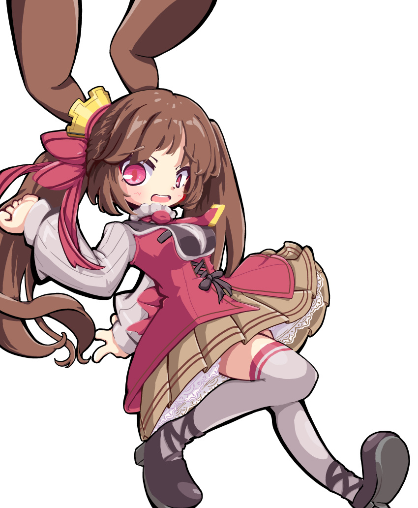 1girl, absurdres, animal_ears, black_boots, boots, breasts, brown_skirt, cinamon_alma
