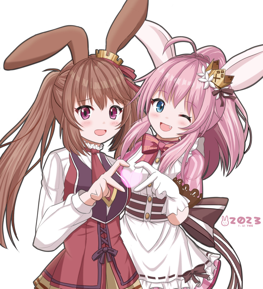 2girls, ahoge, animal_ears, apron, blue_eyes, brown_hair, brown_ribbon, cinamon_alma
