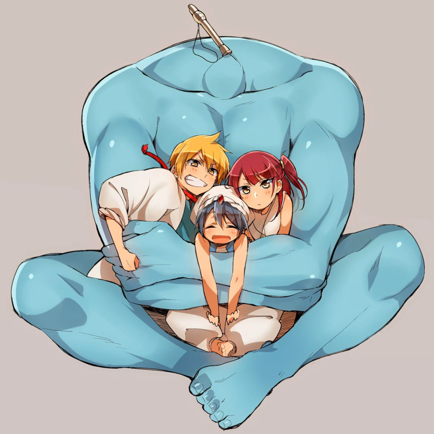 aladdin_(magi_labyrinth_of_magic), ali_baba, ali_baba_saluja, barefoot, blonde_hair, blue_hair, djinn, feet