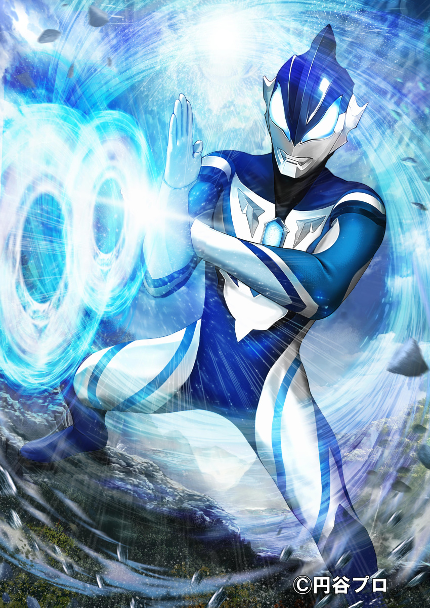 1boy, absurdres, alien, black_skin, blue_eyes, blue_skin, blue_sky, color_timer