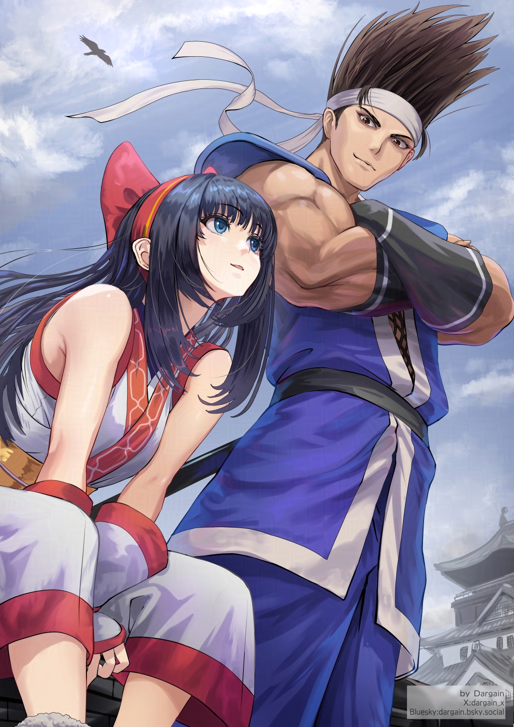 1boy, 1girl, ainu_clothes, bird, black_hair, blue_eyes, dargain_x, from_below