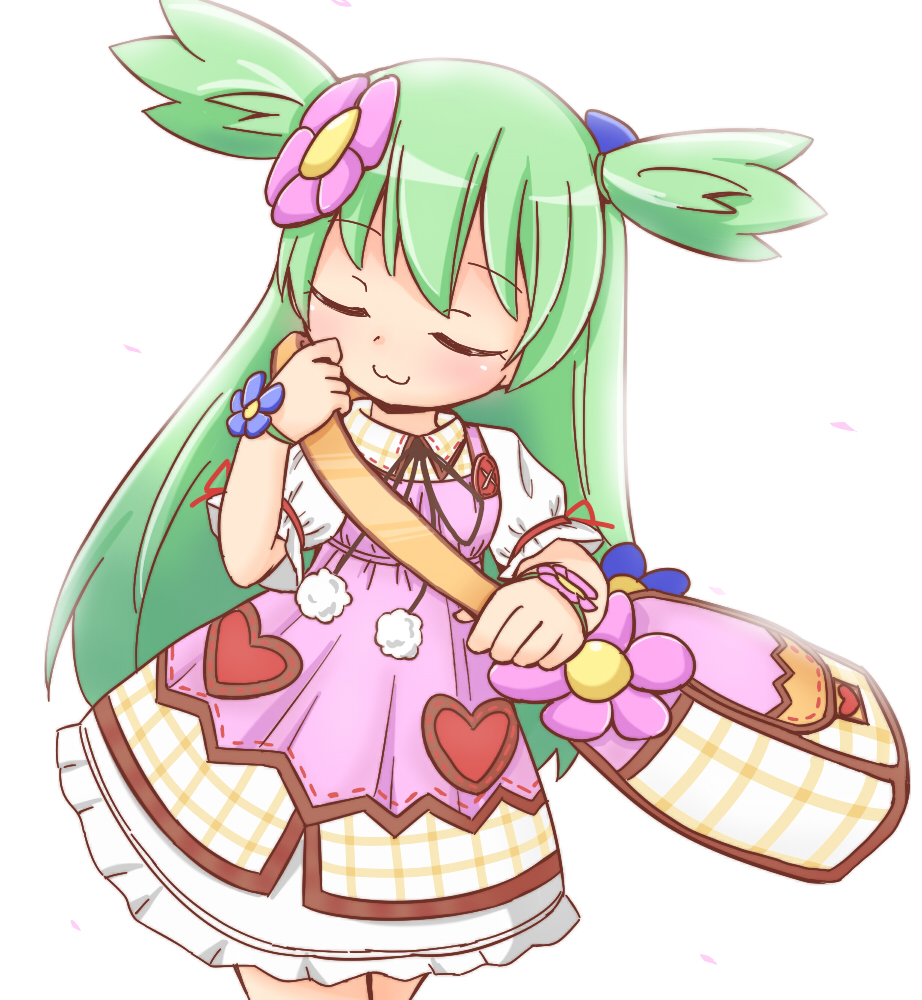 1girl, bag, closed_eyes, dress, emil_chronicle_online, flower, green_eyes, hair_flower