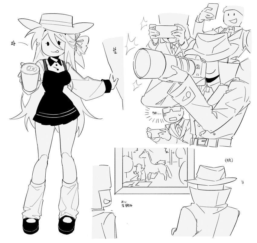 1girl, 4boys, :p, air_zizon, bow, buttons, camera, can