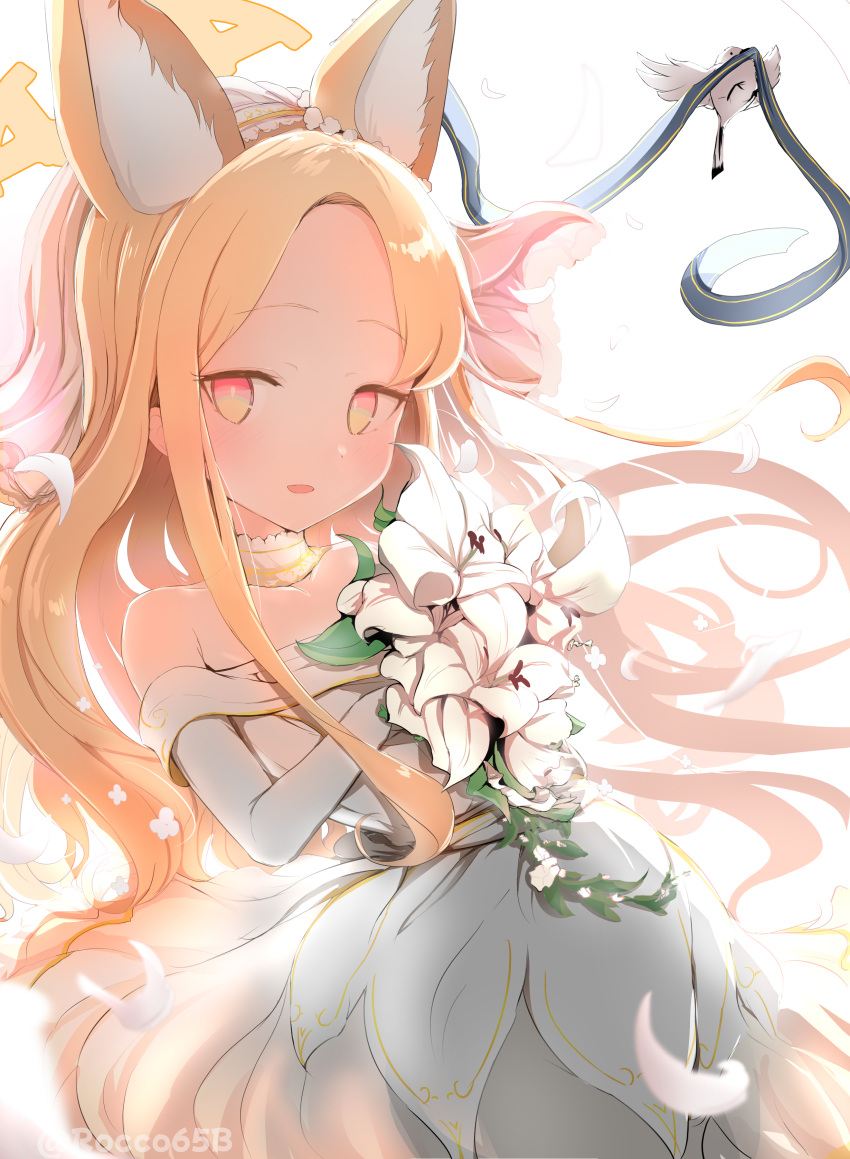 1girl, absurdres, animal_ear_fluff, animal_ears, bare_shoulders, bird, blonde_hair, blue_archive