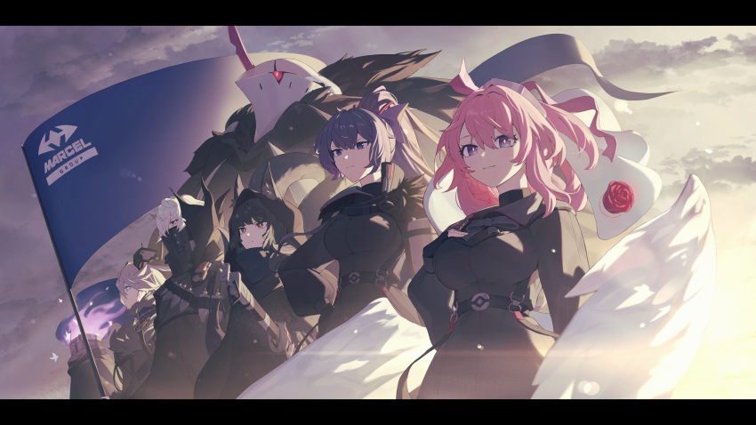 3boys, 4girls, absurdres, angel_wings, animal_ears, black_dress, black_hood, black_horns, breasts, character_request, commentary_request, dress, falkenhayn_mercenary_leader_(zenless_zone_zero), flag, fox_ears, fox_girl, highres, holding, holding_flag, horns, hoshimi_miyabi, large_breasts, letterboxed, multiple_boys, multiple_girls, odd_(hin_yari), outdoors, pink_hair, ponytail, purple_hair, smile, sunbringer_(zenless_zone_zero), veil, vike_(zenless_zone_zero), violet_eyes, white_hair, white_veil, wings, zenless_zone_zero