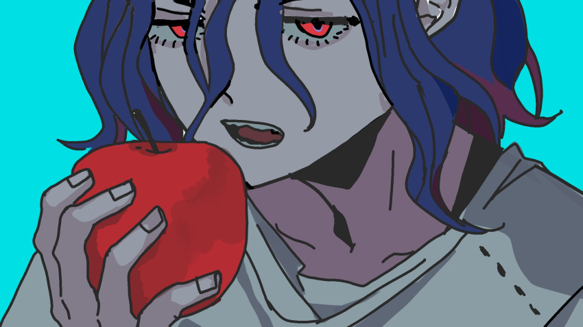 1boy, apple, blue_background, blue_hair, close-up, colored_inner_hair, food, fruit