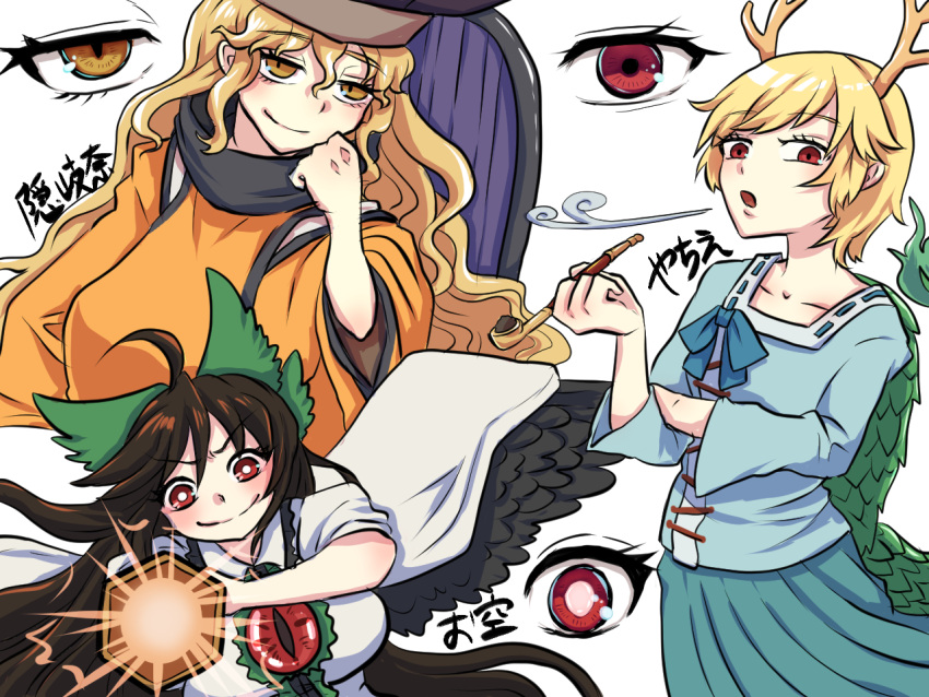 antlers, arm_cannon, bird_wings, black_wings, blonde_hair, blue_shirt, blush, bow