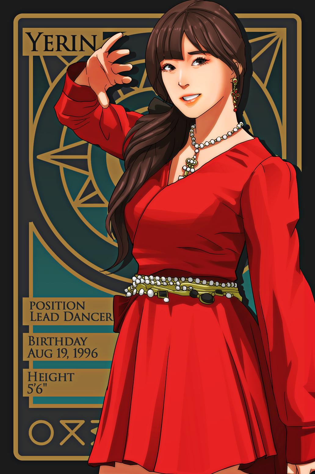 1girl, artist_name_(singer), brown_hair, commentary, cowboy_shot, dress, earrings, gfriend, highres, jewelry, k-pop, long_sleeves, looking_at_viewer, necklace, real_life, red_dress, renzengeki, side_ponytail, smile, solo, yerin_(gfriend)