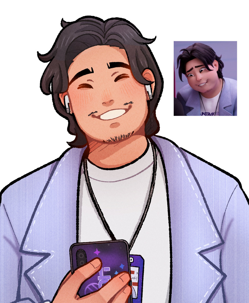 1boy, absurdres, airpods, beard_stubble, black_hair, bobby_(kpop_demon_hunters), closed_eyes, coat