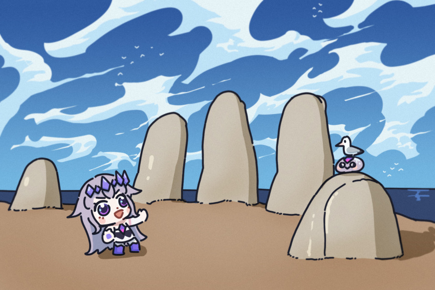 1girl, 1other, bing_huyue, bird, blue_sky, chest_jewel, chibi, figure