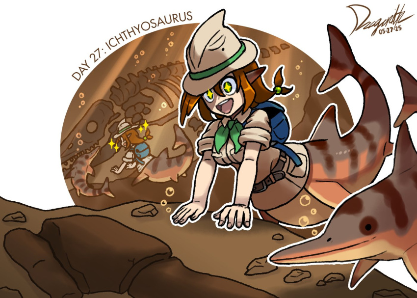 +_+, 1girl, backpack, bag, belt, blue_bag, border, breasts, brown_background, brown_belt, brown_hair, brown_hat, brown_shirt, bubble, character_request, check_character, check_copyright, copyright_request, dragonith, english_text, fins, fossil, from_above, green_eyes, green_neckerchief, green_ribbon, hair_between_eyes, hat, hat_ribbon, head_fins, ichthyosaur, looking_down, medium_breasts, medium_hair, mermaid, monster_girl, multiple_views, neckerchief, open_mouth, original, paleontology, reptile_girl, ribbon, round_border, shirt, short_sleeves, smile, sparkle, split_ponytail, teeth, upper_teeth_only, white_border