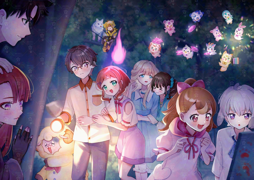 4boys, 5girls, absurdres, ahoge, animal_ears, bare_arms, bare_legs, bare_shoulders