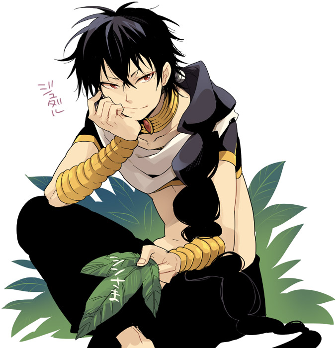 black_hair, hand_on_face, hand_on_own_face, head_rest, jewelry, judal, long_hair, magi_labyrinth_of_magic, magi_the_labyrinth_of_magic, male, midriff, neck_ring, red_eyes, sitting, smirk, solo, very_long_hair, vox