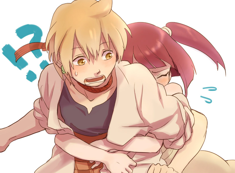 ali_baba, batako, blonde_hair, closed_eyes, eyes_closed, hug, hug_from_behind, magi_labyrinth_of_magic