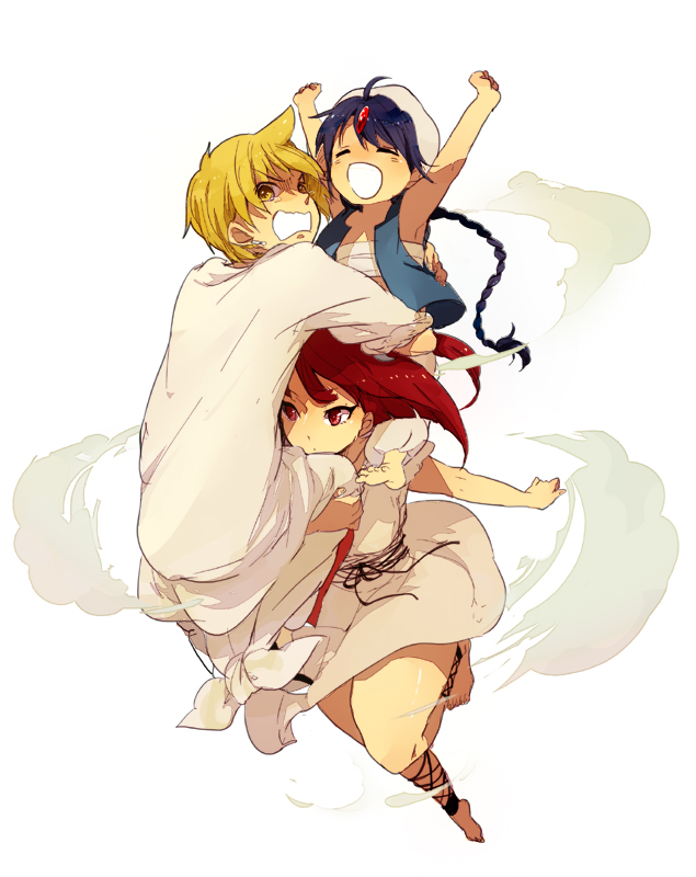 aladdin_(magi_labyrinth_of_magic), ali_baba, ali_baba_saluja, armpits, arms_up, barefoot, blonde_hair, blue_hair