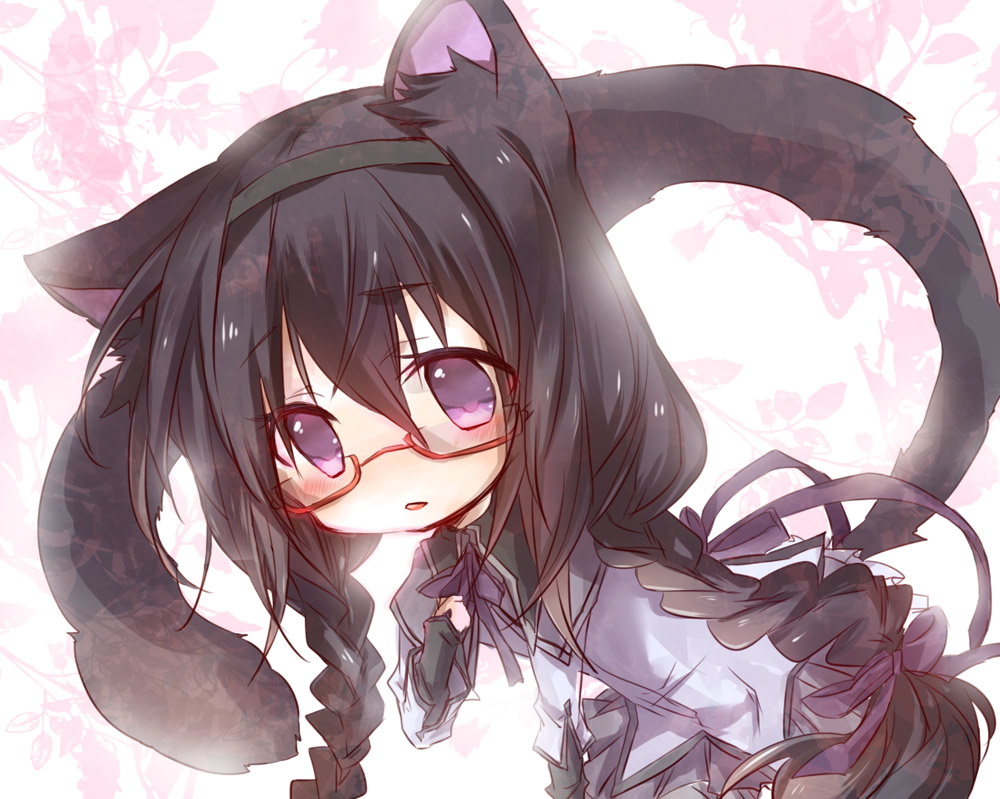 akemi_homura, animal_ears, bad_id, black_hair, braid, cat_ears, cat_tail, glasses