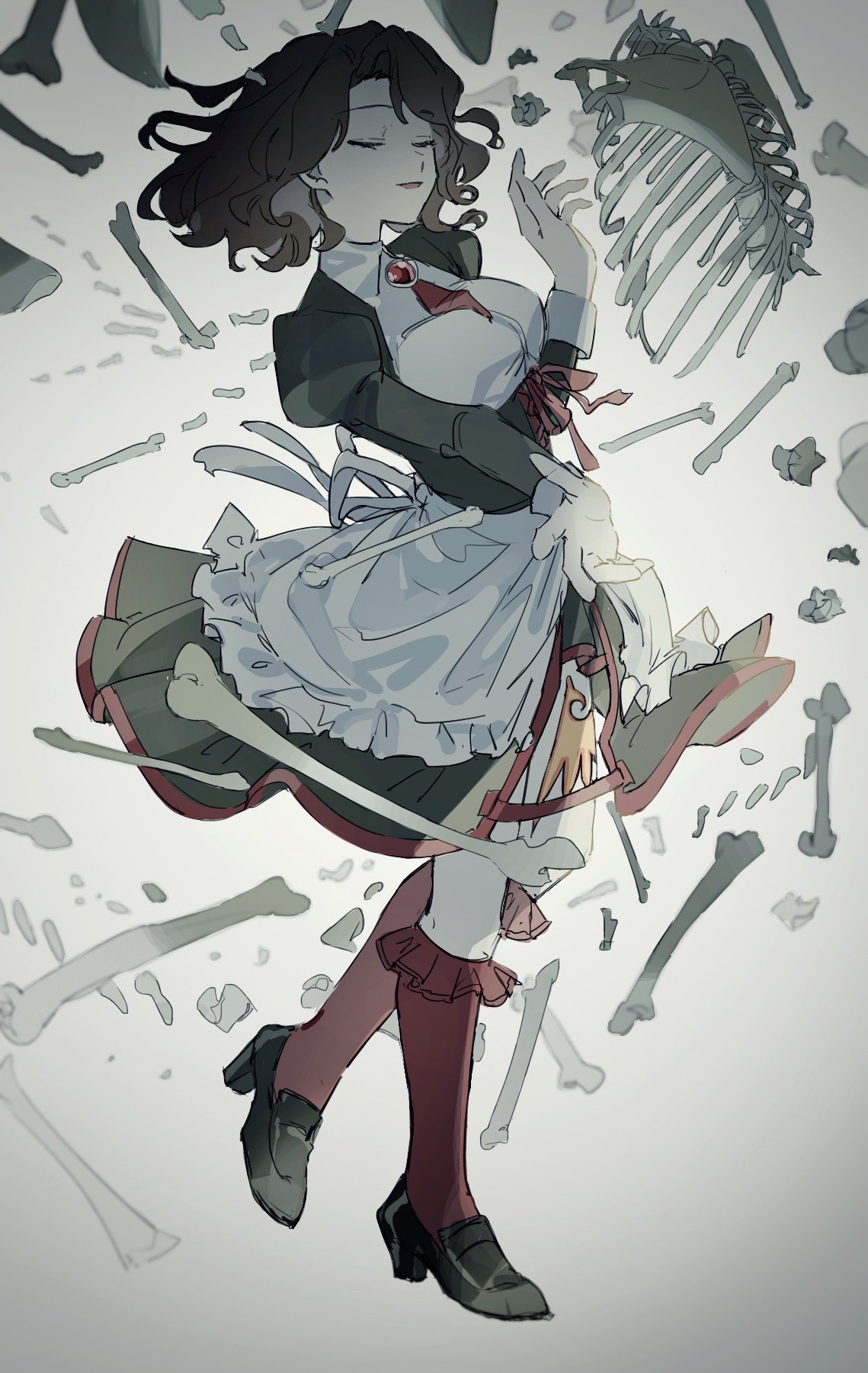 1girl, apron, black_dress, black_shoes, bone, breasts, brooch, brown_hair