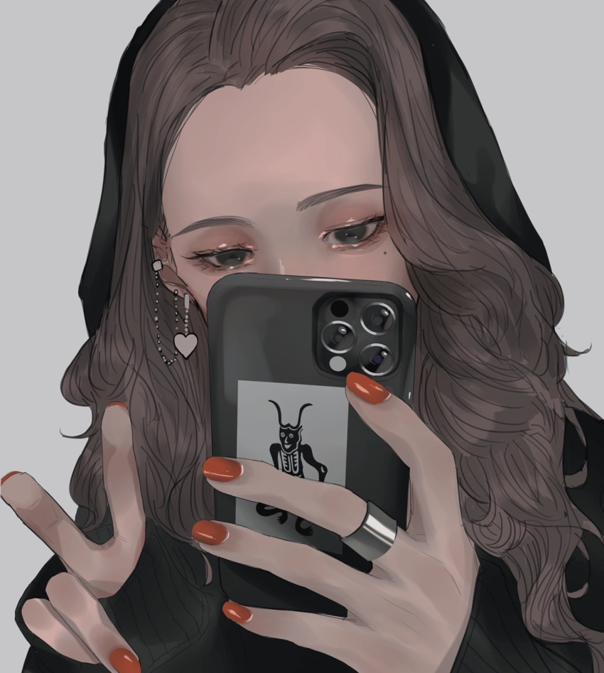 1girl, aegyo_sal, black_eyes, black_hoodie, brown_hair, card, cellphone, commentary_request