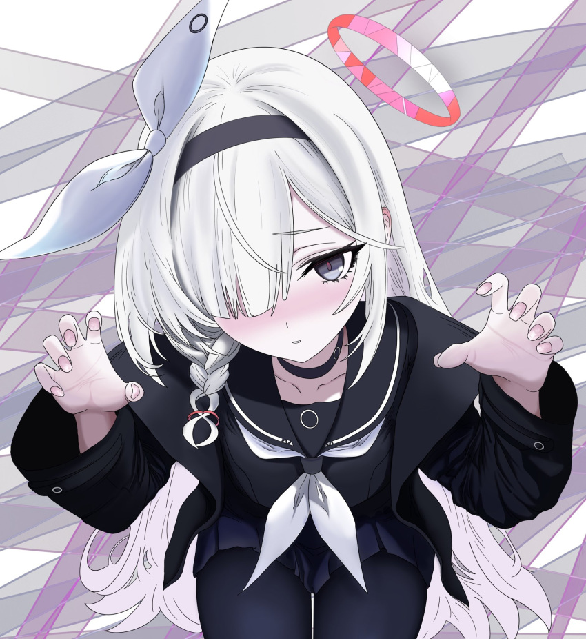 1girl, abstract_background, black_choker, black_hairband, black_jacket, black_pantyhose, black_sailor_collar, black_serafuku