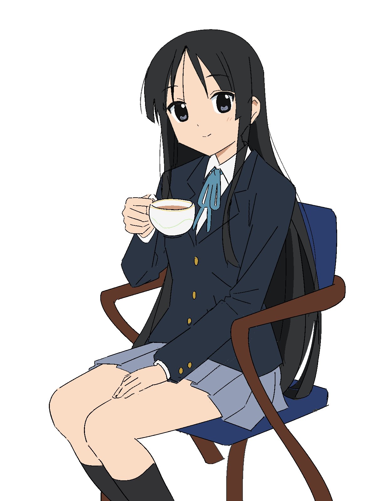 1girl, akiyama_mio, black_eyes, black_hair, black_socks, blazer, blue_ribbon, chair, cup, gold_buttons, hand_on_own_leg, highres, holding, holding_cup, jacket, k-on!, long_hair, looking_at_viewer, pleated_skirt, ribbon, rytoua318, sakuragaoka_high_school_uniform, school_uniform, sitting, skirt, smile, socks, tea