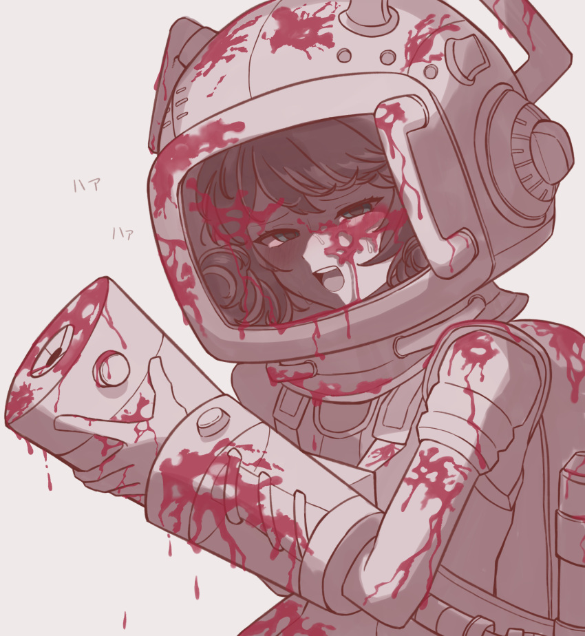 1girl, absurdres, arm_cannon, blood, blood_on_clothes, blood_on_helmet, blood_on_weapon, blue_eyes