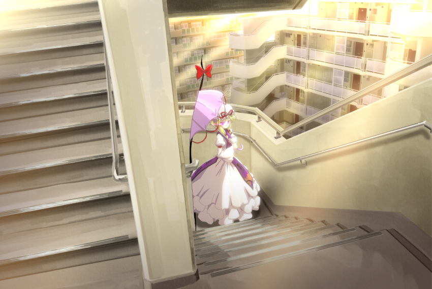 apartment, backlighting, blonde_hair, bow, dress, gap, hair_bow, hair_up