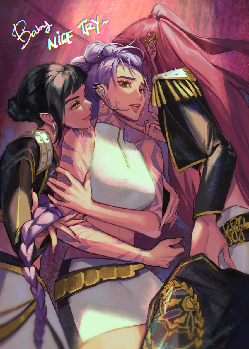 3girls, absurdres, bare_shoulders, belt, black_hair, body_markings, braid, brown_eyes