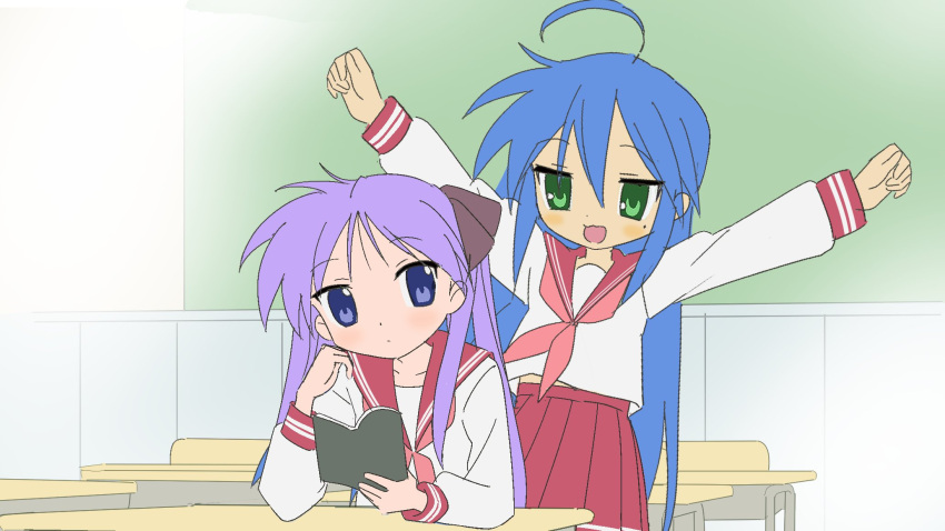 2girls, \o/, ahoge, arms_up, behind_another, black_bow, blue_eyes, blue_hair, blush, book, bow, chalkboard, classroom, clenched_hands, desk, green_eyes, highres, hiiragi_kagami, izumi_konata, long_hair, looking_at_another, lucky_star, mole, mole_under_eye, multiple_girls, neckerchief, outstretched_arms, pink_neckerchief, red_sailor_collar, red_skirt, ryouou_school_uniform, rytoua318, sailor_collar, school_uniform, skirt, twintails