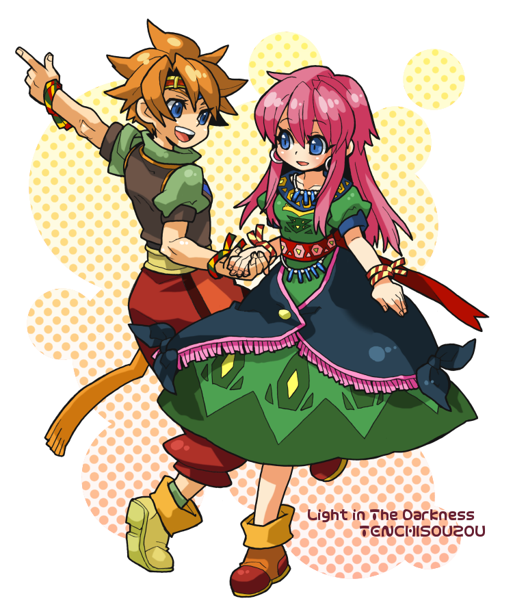 1girl, ahoge, ark_(terranigma), bad_id, belt, blue_eyes, bracelet, brown_hair, couple, dress, earrings, elle, hand_holding, happy, headband, himeno_yuuma, holding_hands, jewelry, long_hair, necklace, pants, payot, pink_hair, pointing, ribbon, shirt, shoes, spiked_hair, spiky_hair, terranigma