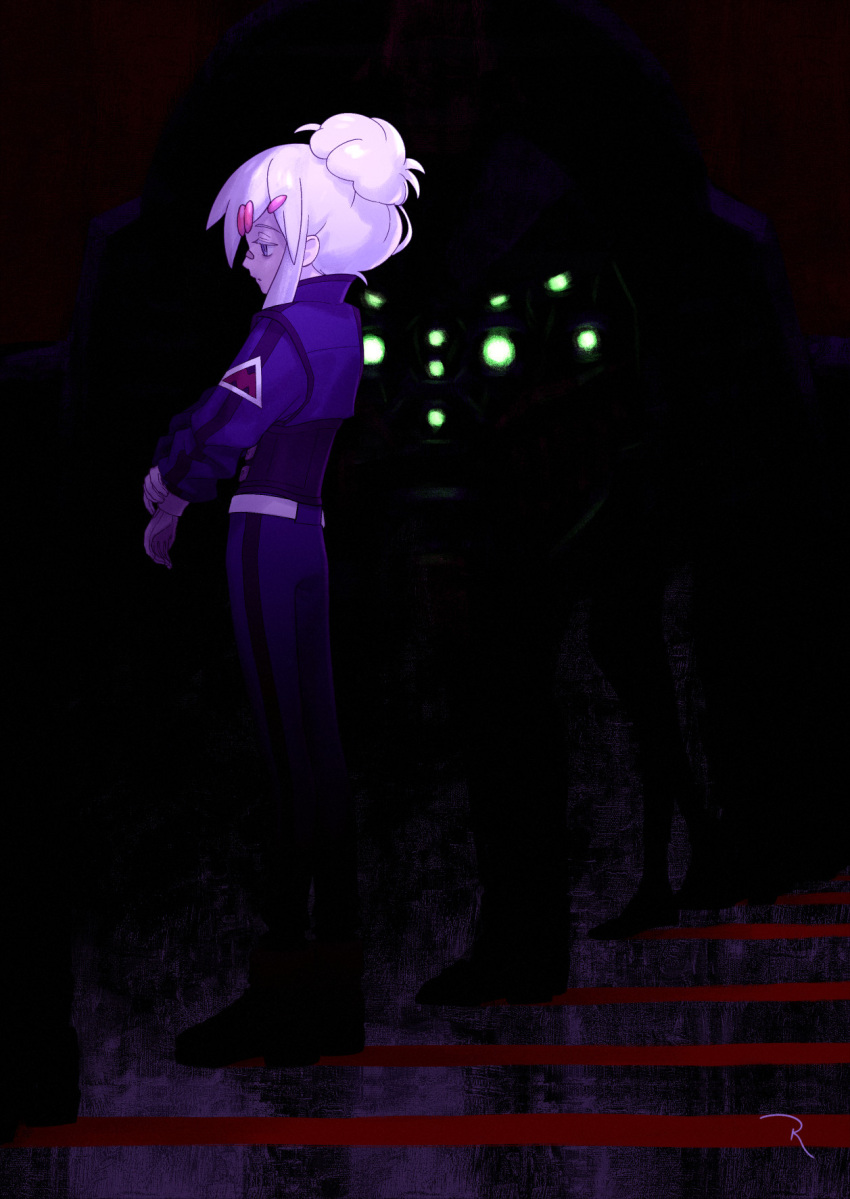 1girl, blue_eyes, dark, deux_murasame, expressionless, full_body, grey_hair, gundam