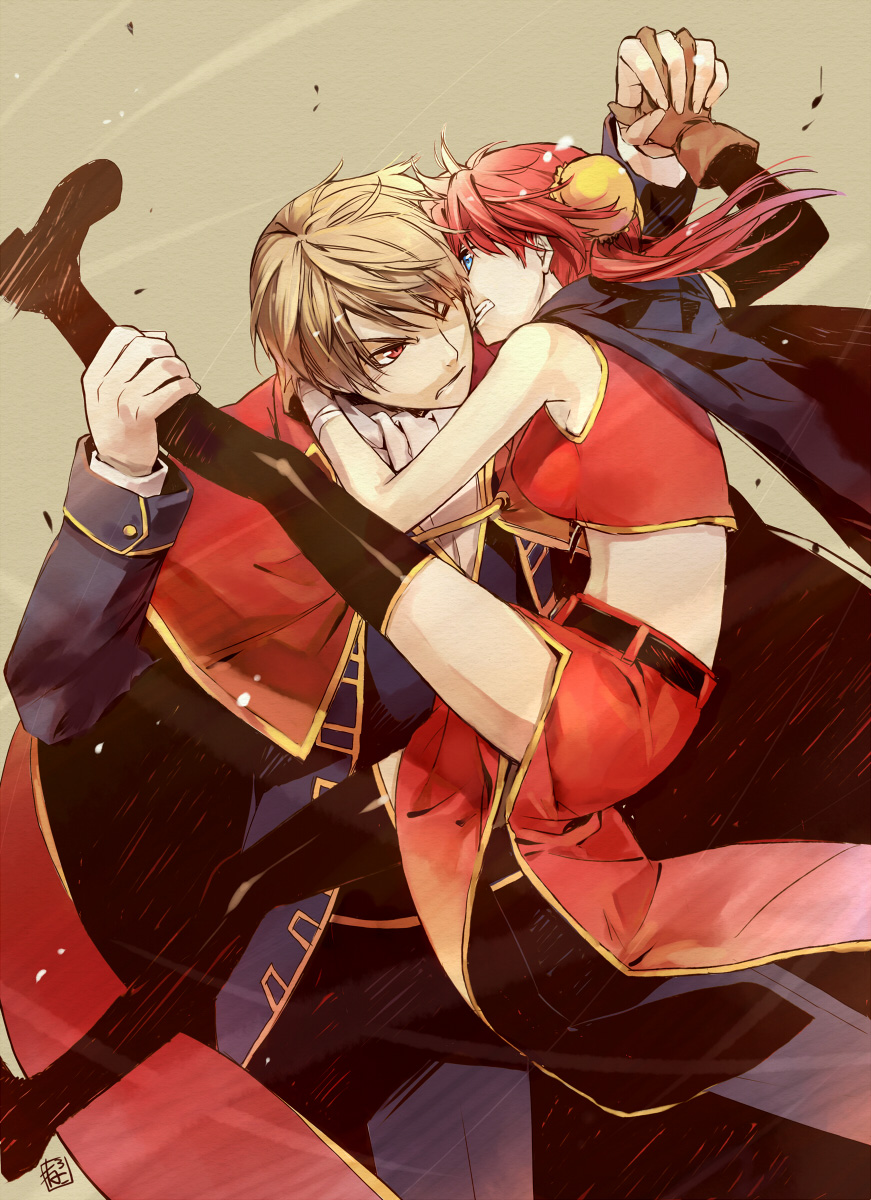 bandage, biting, blue_eyes, brown_hair, bun_cover, cape, chinese_clothes, double_bun, ear_biting, fighting, gintama, gloves, hand_on_leg, highres, kagura_(gintama), long_hair, neko3, okita_sougo, one_eye_covered, red_eyes, red_hair, redhead, scarf, short_hair, thighhighs