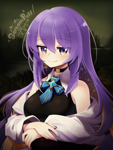 1girl, bare_shoulders, blue_nails, breasts, choker, fine_art_parody, fingernails, hololive, hololive_indonesia, jacket, light_blush, long_hair, medium_breasts, mona_lisa, moona_hoshinova, moona_hoshinova_(1st_costume), multicolored_eyes, multicolored_hair, nail_polish, name_connection, parody, purple_hair, screampuffart, smile, solo, twitter_username, virtual_youtuber