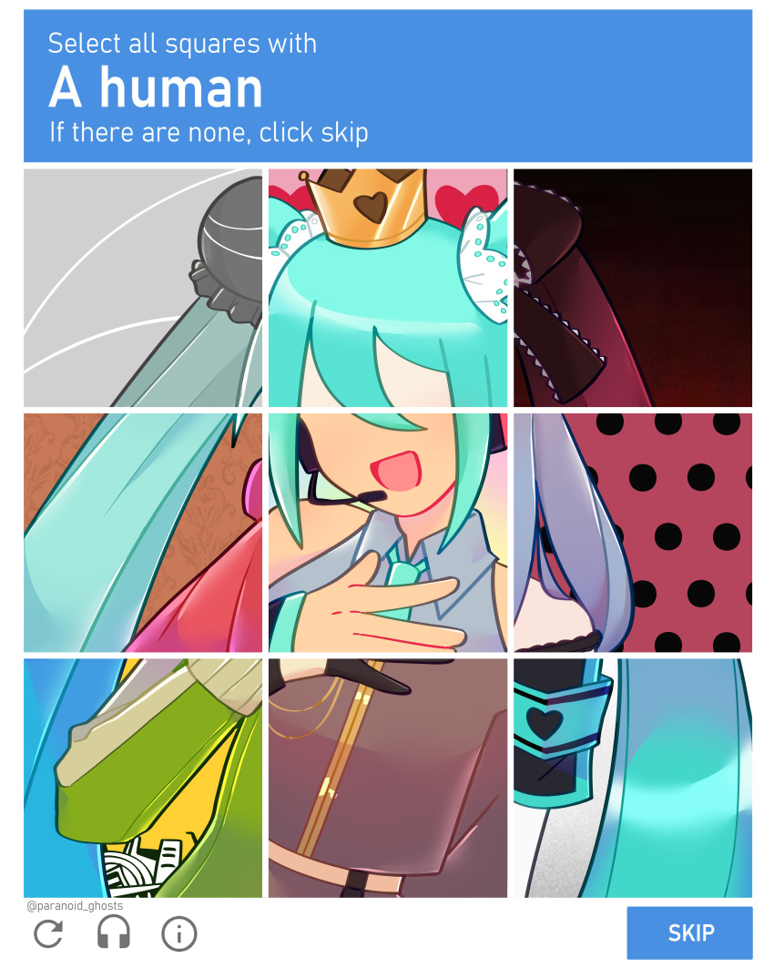 absurdres, artist_name, captcha, crown, english_commentary, hair_ornament, hand_on_own_chest, hatsune_miku