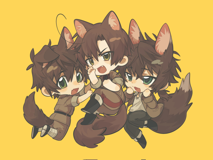 3boys, ahoge, animal_ear_fluff, animal_ears, axis_powers_hetalia, back, bandaged_leg, bandages, black_boots, black_necktie, black_pants, black_shoes, boots, brown_hair, brown_jacket, brown_pants, brown_shirt, cat_ears, cat_tail, chibi, chibi_only, collared_shirt, commentary, dog_ears, dog_tail, fang, fox_ears, fox_tail, from_side, full_body, green_eyes, hair_between_eyes, half-closed_eyes, hands_on_own_face, hands_up, highres, intillate, jacket, kemonomimi_mode, lapels, looking_at_another, looking_at_viewer, low_ponytail, male_focus, medium_hair, military_jacket, military_uniform, multiple_boys, necktie, open_clothes, open_jacket, open_mouth, pants, pocket, ponytail, portugal_(hetalia), shirt, shoes, short_hair, short_ponytail, short_sleeves, simple_background, skin_fang, smile, southern_italy_(hetalia), spain_(hetalia), symbol-only_commentary, tail, v-shaped_eyebrows, white_shirt, yellow_background