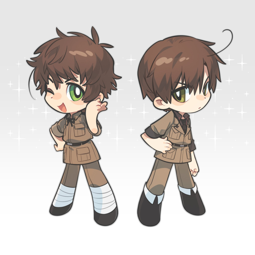 2boys, ahoge, axis_powers_hetalia, bandaged_leg, bandages, belt, black_belt, black_boots, black_necktie, black_shoes, blush_stickers, boots, breast_pocket, brown_hair, brown_jacket, brown_pants, brown_shirt, chibi, chibi_only, clenched_hand, closed_mouth, collared_shirt, commentary_request, full_body, green_eyes, grey_background, hair_between_eyes, hand_on_own_hip, hand_up, highres, intillate, jacket, lapels, looking_at_viewer, male_focus, military_jacket, military_uniform, multiple_boys, necktie, one_eye_closed, open_mouth, pants, pocket, puffy_short_sleeves, puffy_sleeves, shirt, shoes, short_hair, short_sleeves, smile, southern_italy_(hetalia), spain_(hetalia), sparkle_background, standing, v-shaped_eyebrows