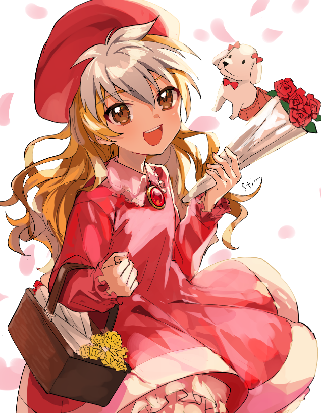 1boy, amanogawa_ginga, animal, animal_in_clothes, artist_name, basket, beret, blonde_hair, bouquet, bow, bowtie, brooch, brown_eyes, collared_dress, commentary, crossdressing, crossdressing_(mtf), dog, dress, falling_petals, flower, frills, hands_up, hat, holding, holding_basket, holding_bouquet, holding_picnic_basket, jewelry, jinzou_konchuu_kabutoborg_vxv, kuroda_(kuro_yyy), long_hair, looking_at_viewer, male_focus, multicolored_hair, official_alternate_costume, open_mouth, petals, picnic_basket, pink_petals, pleated_skirt, red_bow, red_dress, red_flower, red_hat, red_rose, red_skirt, rose, signature, simple_background, skirt, smile, solo, standing, symbol-only_commentary, teeth, trap, two-tone_hair, upper_teeth_only, white_background, white_dog, white_hair, yellow_flower
