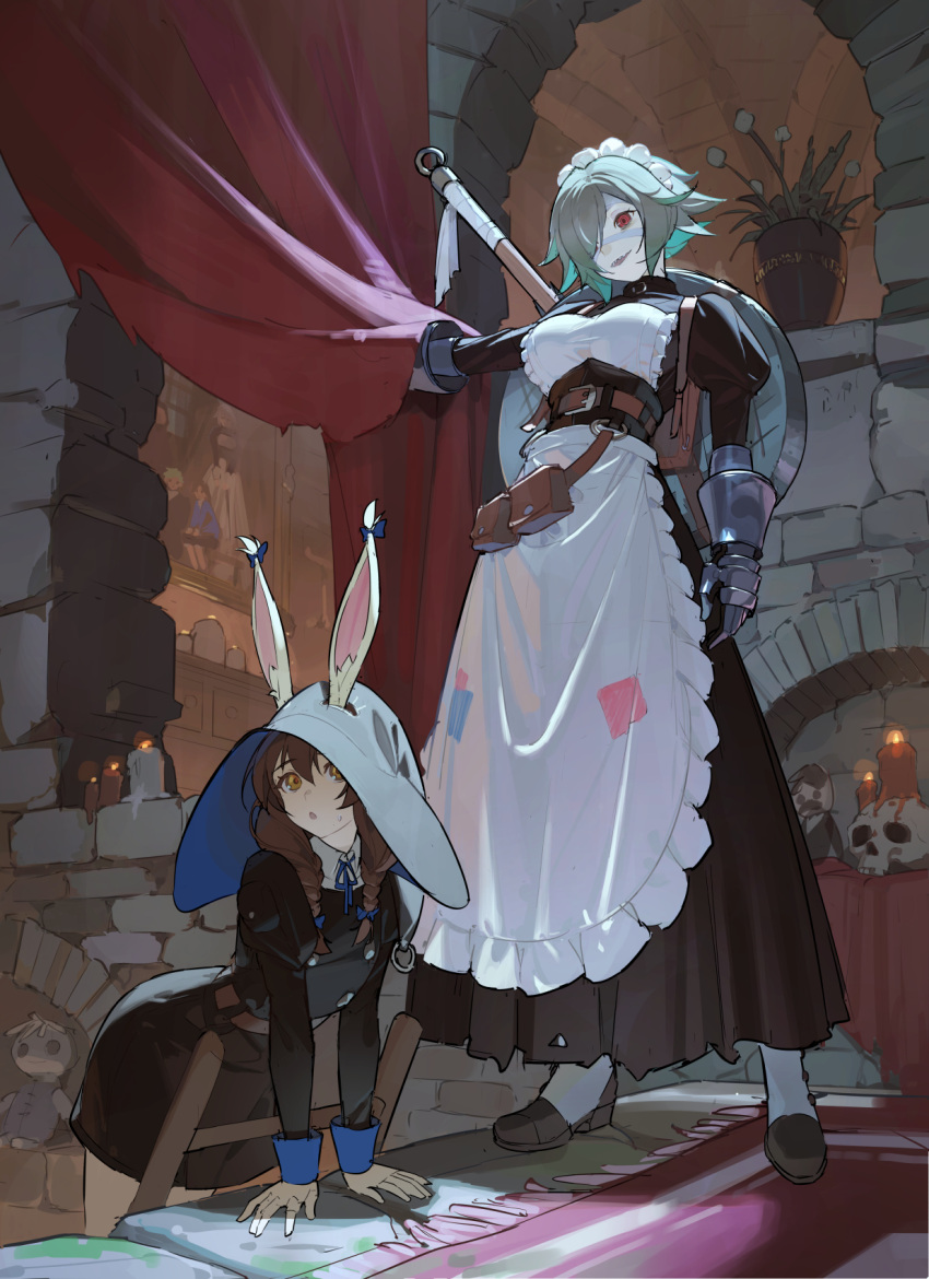 2girls, animal_ears, apron, belt, black_shirt, black_skirt, bow, braid, brown_eyes, brown_hair, bunny_girl_(timbougami), buttons, candle, carpet, charlotte_(timbougami), collared_shirt, curtain_grab, curtains, dress, frilled_apron, frilled_dress, frills, frying_pan, gauntlets, grey_hair, hair_bow, hair_over_one_eye, harness, hat, highres, holding, indoors, ladder, long_hair, looking_afar, maid, maid_headdress, multiple_girls, neck_ribbon, one_eye_covered, original, patch, plant, potted_plant, pouch, rabbit_ears, rabbit_girl, red_eyes, ribbon, shirt, shoes, short_hair, skirt, skull, stuffed_toy, timbougami, twin_braids, white_apron, witch_hat