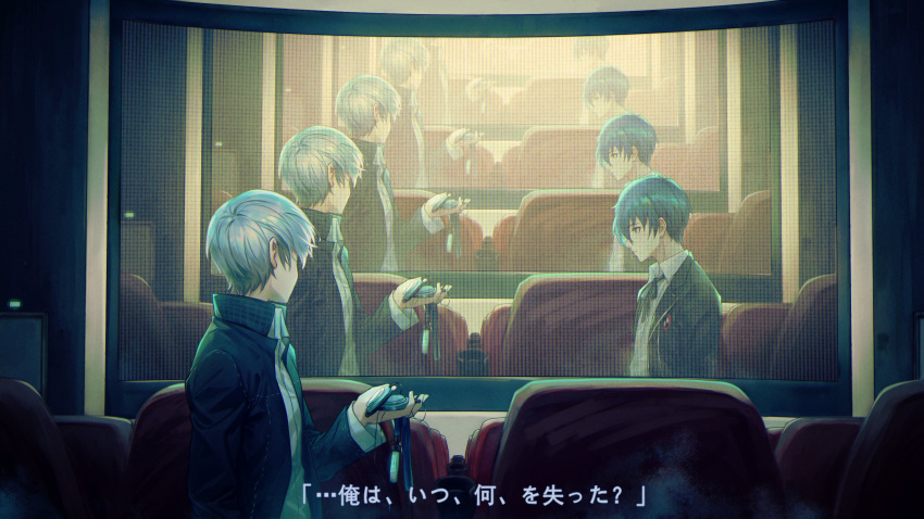 2boys, arms_at_sides, black_jacket, black_ribbon, blazer, chair, digital_media_player, dress_shirt