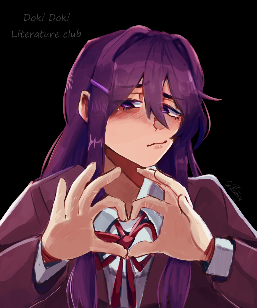 1girl, blazer, brown_jacket, copyright_name, doki_doki_literature_club, doki_doki_literature_club_school_uniform, four-finger_heart_hands, grey_jacket