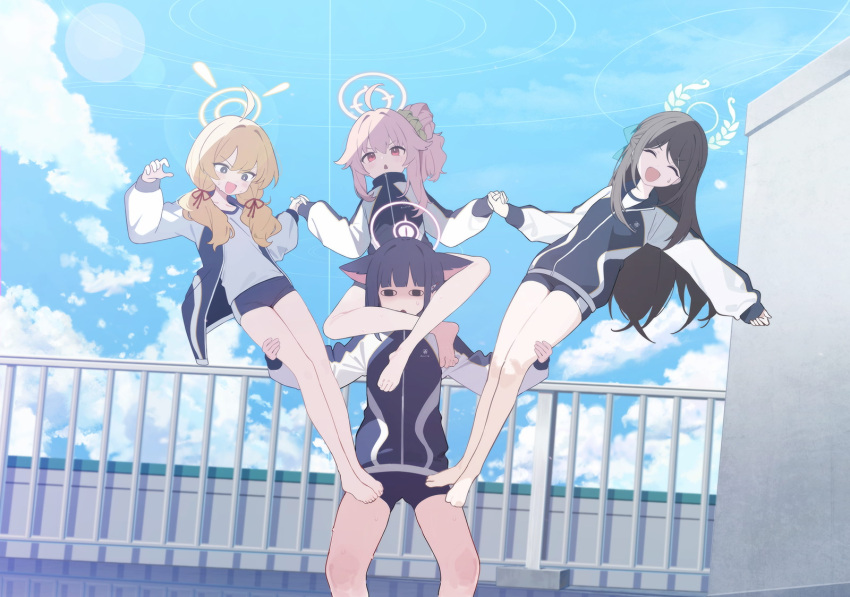 4girls, :d, ^_^, acrobatics, after-school_sweets_club_(blue_archive), airi_(blue_archive), alternate_costume, animal_ears