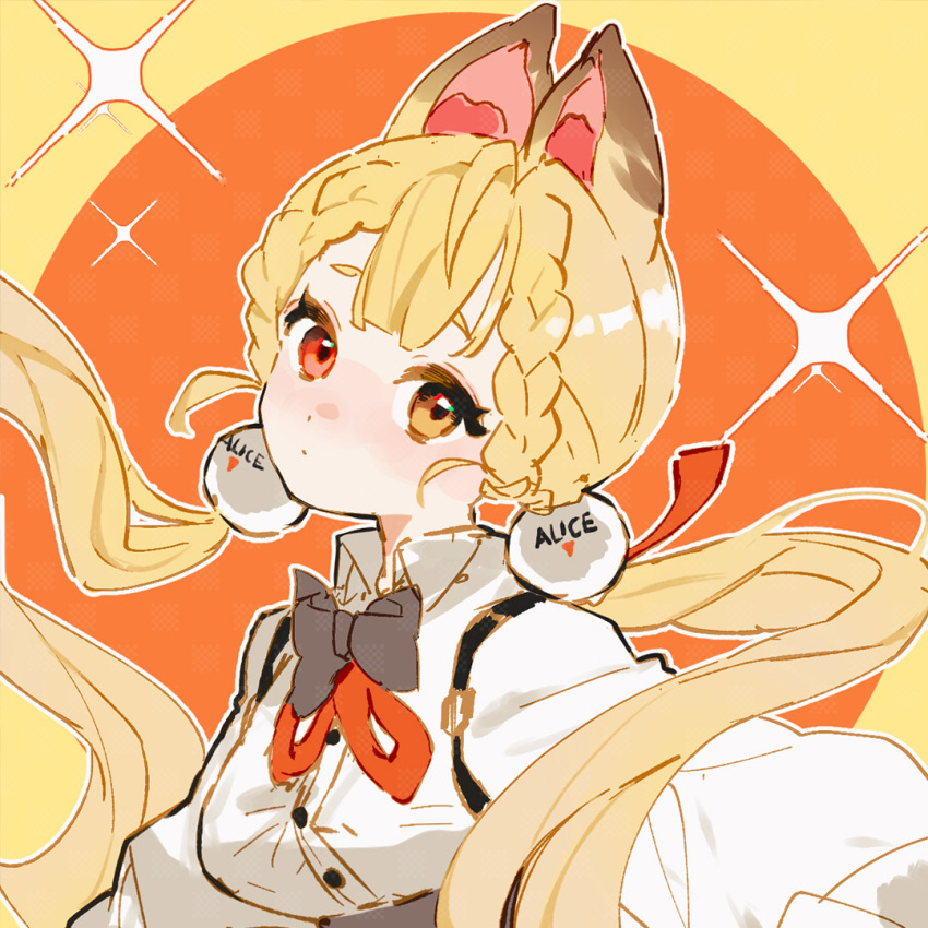 1girl, alice_thymefield, animal_ears, blonde_hair, buttons, character_name, chinese_commentary, circle, collared_shirt, commentary_request, expressionless, looking_at_viewer, rabbit_ears, rabbit_girl, red_eyes, sanjiaoxingdetuzi, shirt, simple_background, solo, sphere_hair_ornament, twintails, upper_body, white_shirt, yellow_background, yellow_eyes, zenless_zone_zero