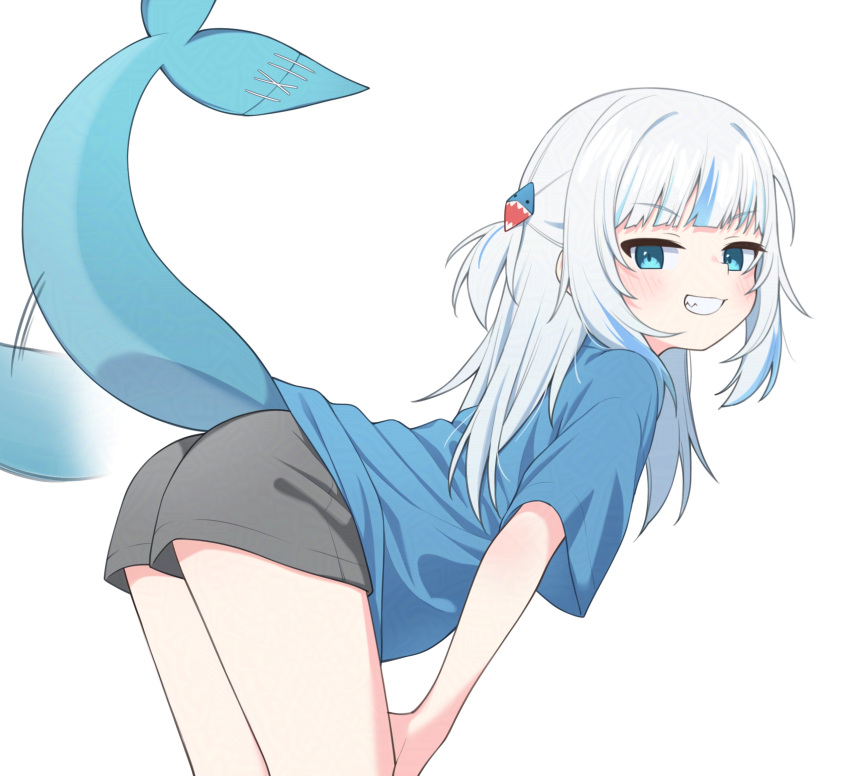 1girl, adversarial_noise, alternate_costume, bent_over, black_shorts, blue_eyes, blue_hair, blue_shirt
