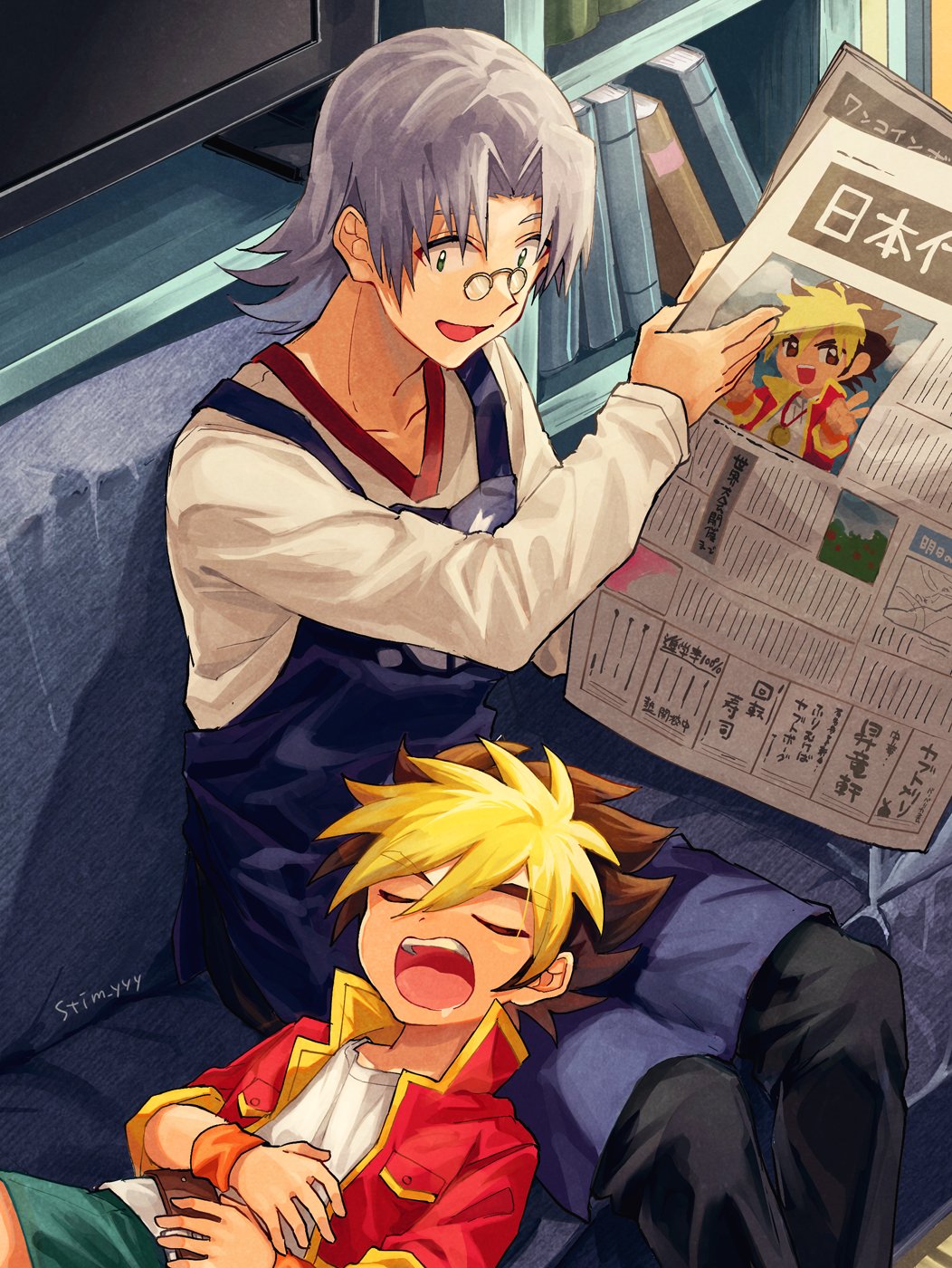 2boys, amanogawa_ryuusei, andou_loid, apron, aqua_shorts, artist_name, belt, black_pants