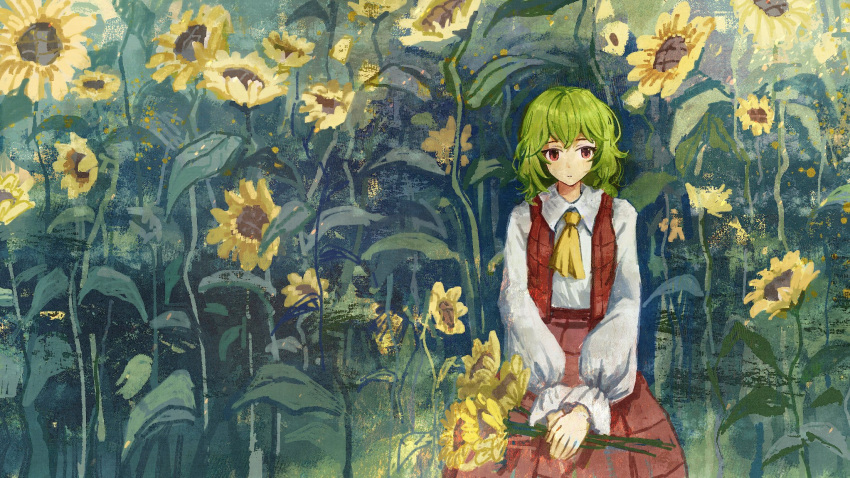 1girl, ascot, collared_shirt, field, flower, flower_field, frilled_sleeves, frills