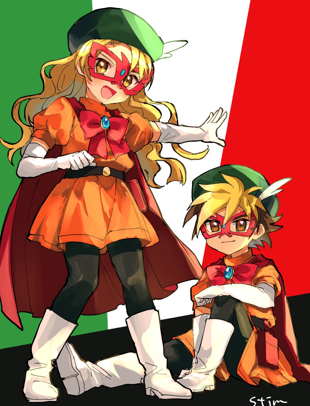 1boy, 1girl, amanogawa_ryuusei, artist_name, belt, belt_pouch, beret, black_belt, black_hair, black_pantyhose, blonde_hair, boots, bow, brooch, brown_eyes, cape, child, closed_mouth, commentary, cosplay, crossdressing, crossdressing_(mtf), domino_mask, dress, elbow_gloves, eye_mask, feather_hair_ornament, feathers, flag_background, full_body, gloves, green_hat, hair_ornament, hat, highres, italian_flag, itasato_amiko, jewelry, jinzou_konchuu_kabutoborg_vxv, kuroda_(kuro_yyy), long_hair, looking_at_viewer, mask, official_alternate_costume, open_mouth, orange_dress, pantyhose, pouch, puffy_short_sleeves, puffy_sleeves, red_bow, red_cape, short_hair, short_sleeves, signature, sitting, smile, standing, turtleneck, turtleneck_dress, venezian, venezian_(cosplay), wavy_hair, white_boots, white_gloves, yellow_eyes