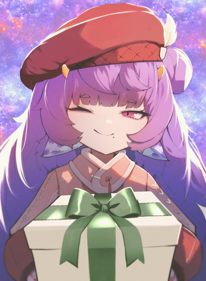 animal_ears, bell, box, christmas_present, cow_ears, cow_girl, cow_horns, double_bun