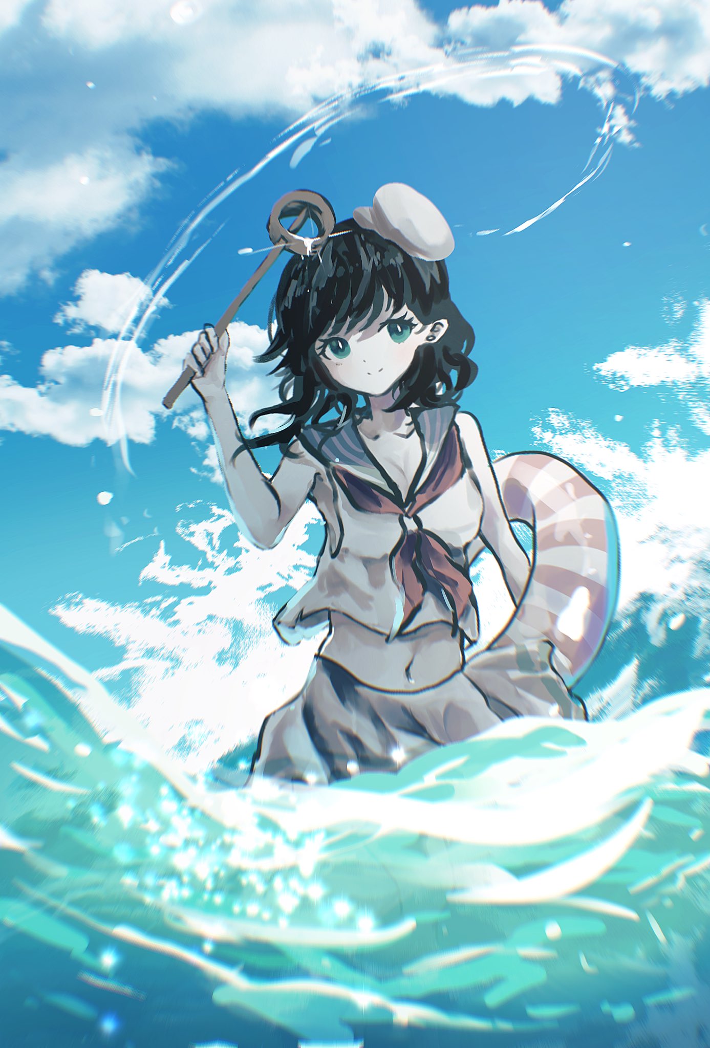 black_hair, blue_sky, clouds, green_eyes, hat, highres, holding, holding_ladle