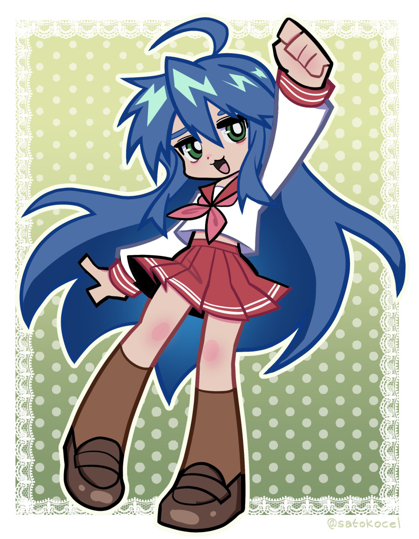 1girl, :3, :d, absurdres, ahoge, arm_up, artist_name, blue_hair
